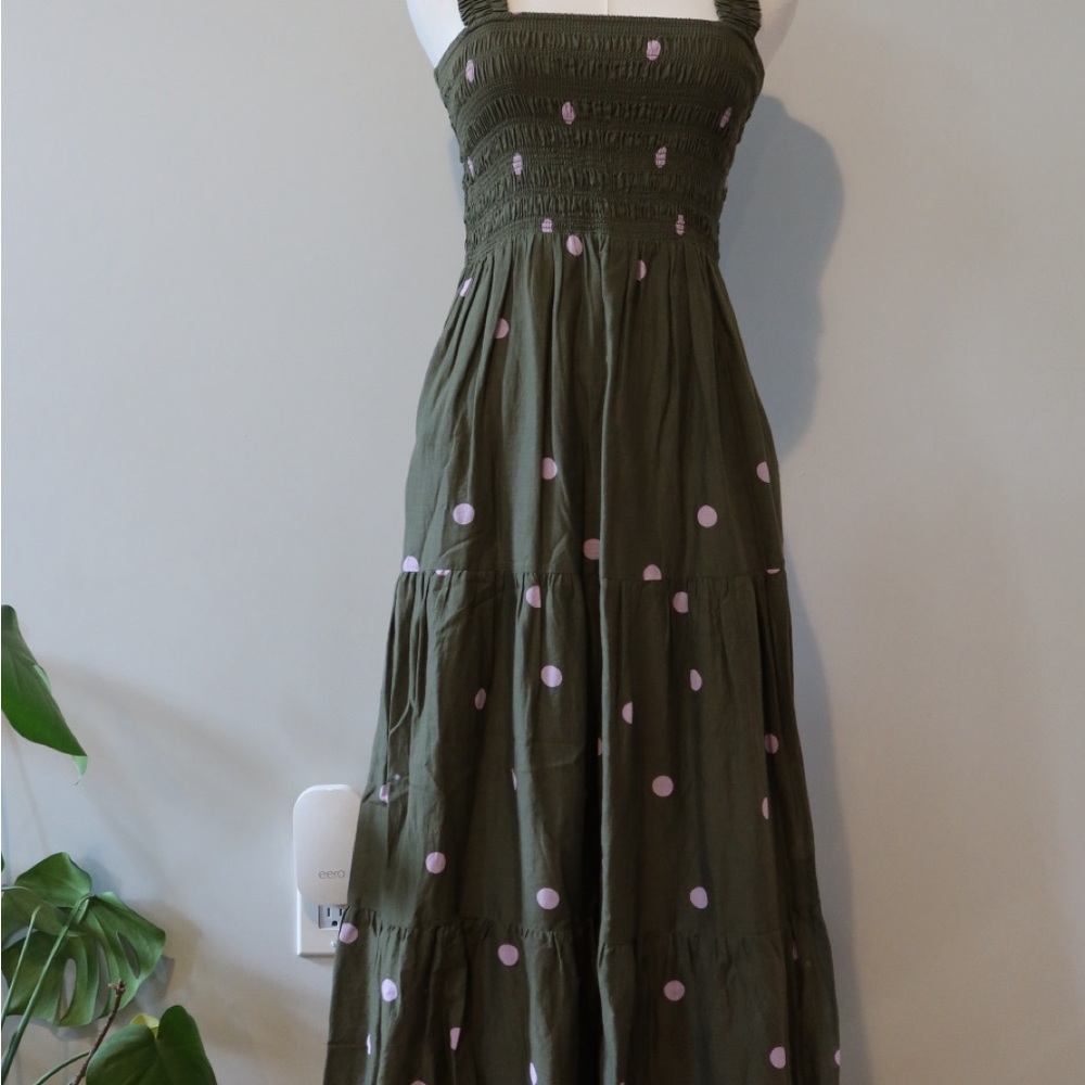 Anthropologie Green and Pink Polka Dot Maxi Dress